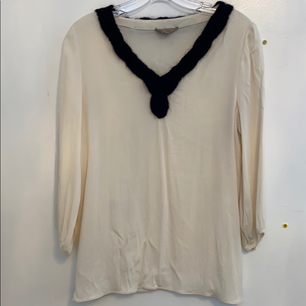 LONGCHAMP silk  ivory blouse black mohair trim Vintage m
